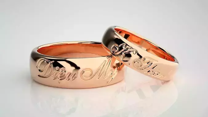 His and Her Plain Gold Couple Band Ring 3dm stl render detail 