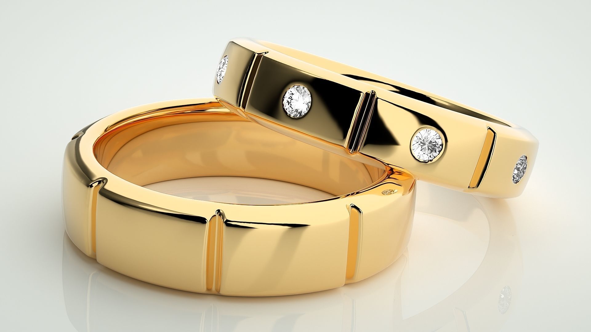 Tri-Diamond Solitaire Couple Band Ring 3dm stl render detail 3D print model_10
