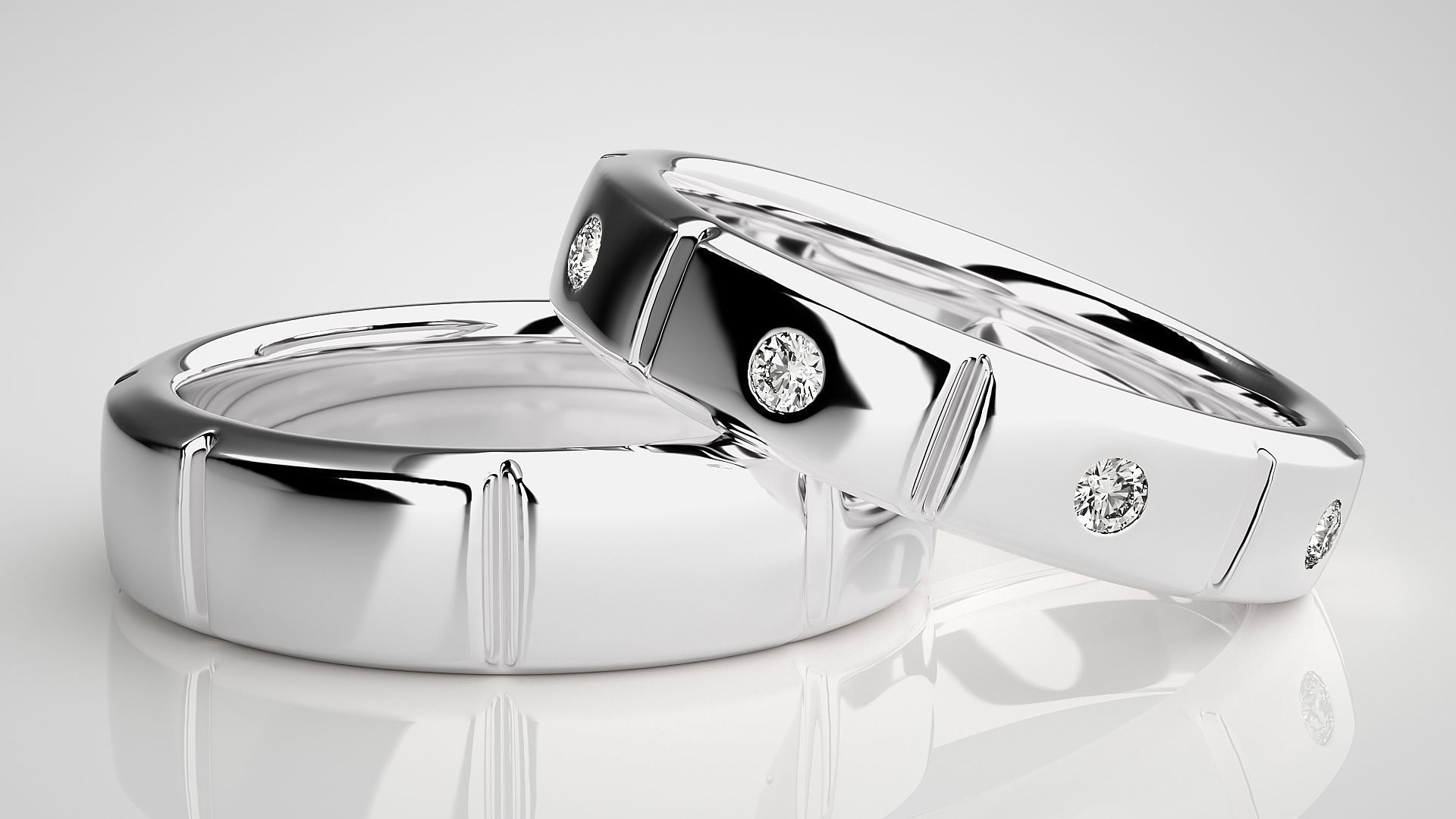 Tri-Diamond Solitaire Couple Band Ring 3dm stl render detail 3D print model_5