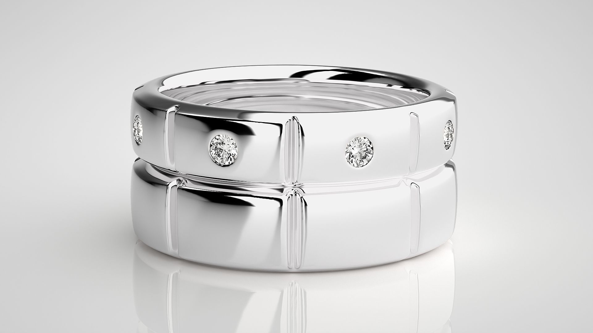 Tri-Diamond Solitaire Couple Band Ring 3dm stl render detail 3D print model_7