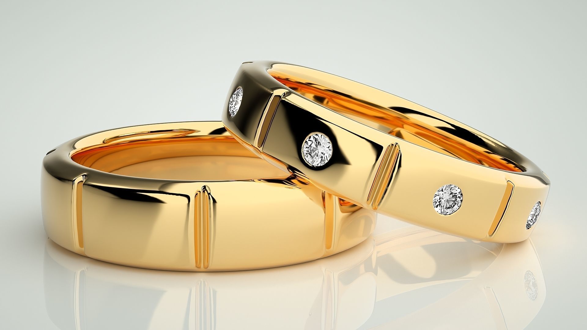Tri-Diamond Solitaire Couple Band Ring 3dm stl render detail 3D print model_9