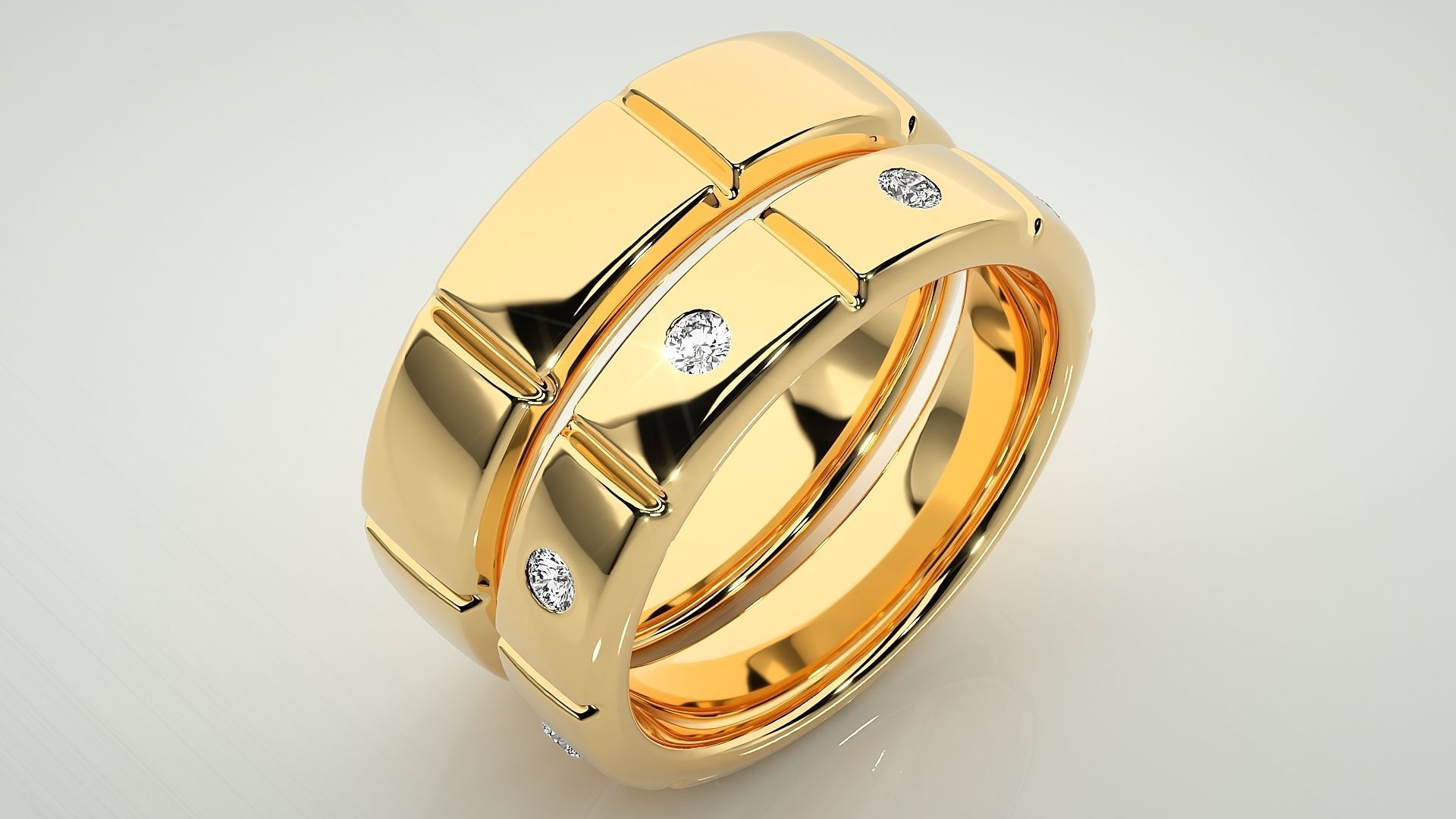 Tri-Diamond Solitaire Couple Band Ring 3dm stl render detail 3D print model_12