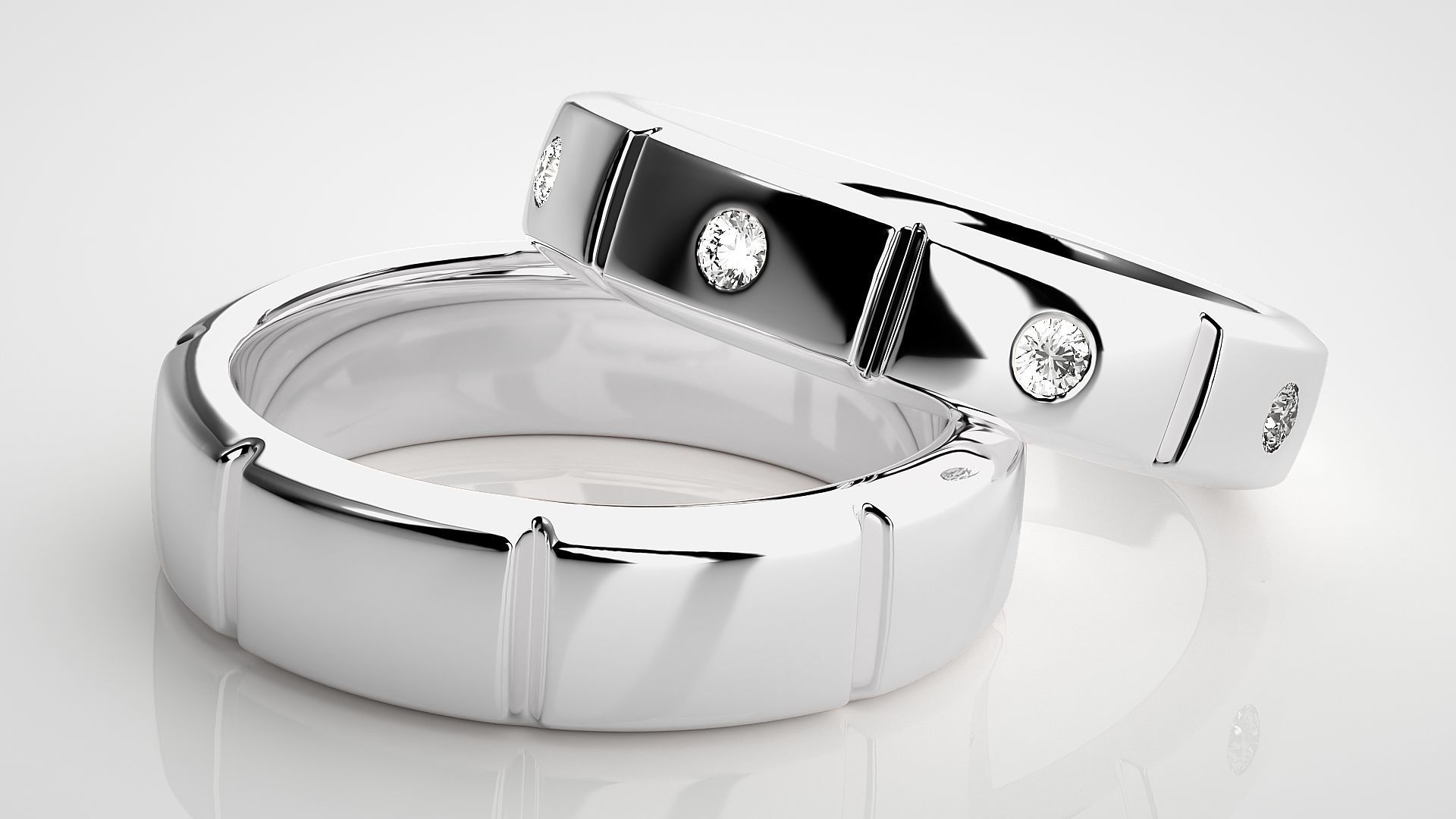Tri-Diamond Solitaire Couple Band Ring 3dm stl render detail 3D print model_6