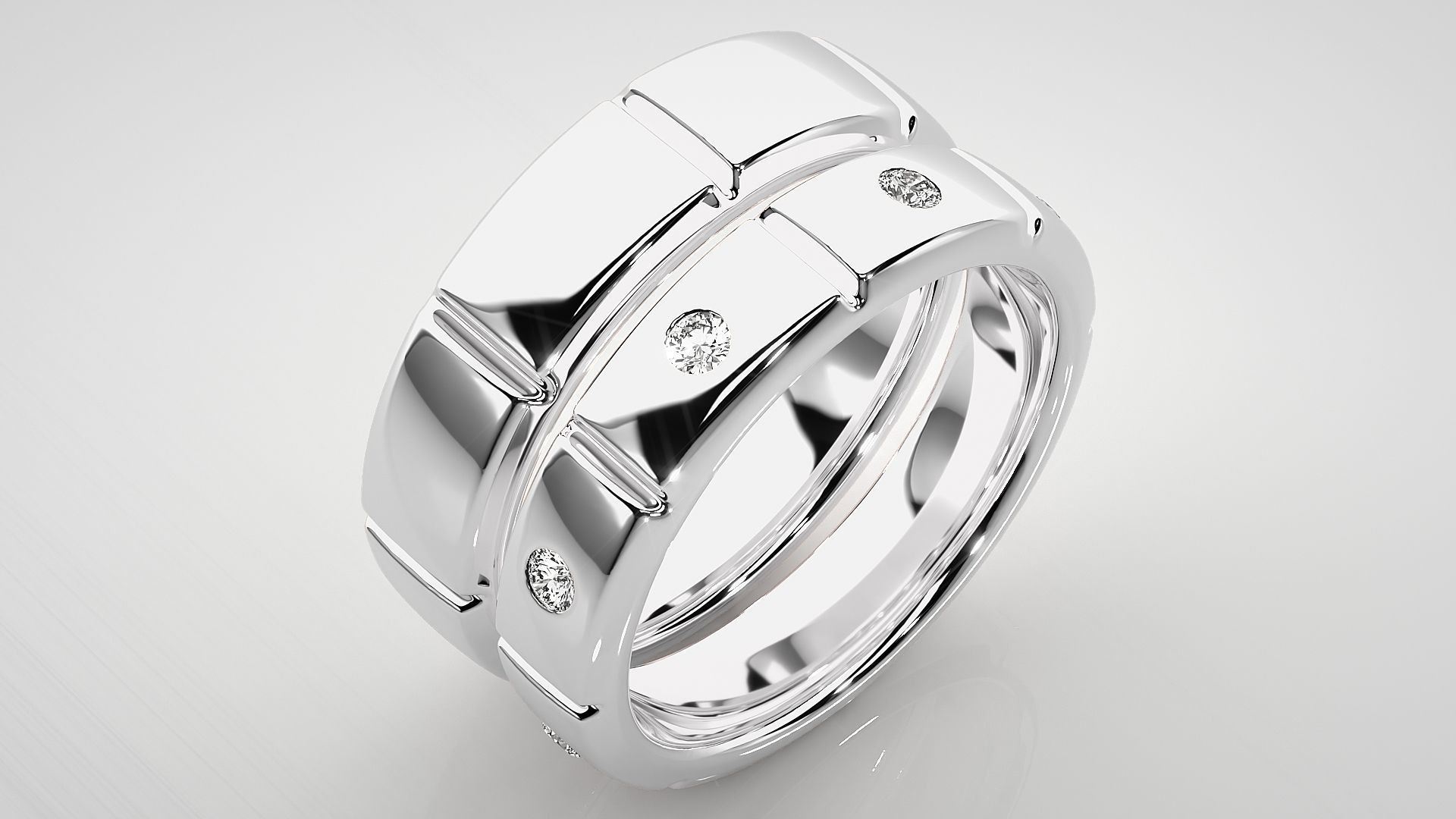 Tri-Diamond Solitaire Couple Band Ring 3dm stl render detail 3D print model_8