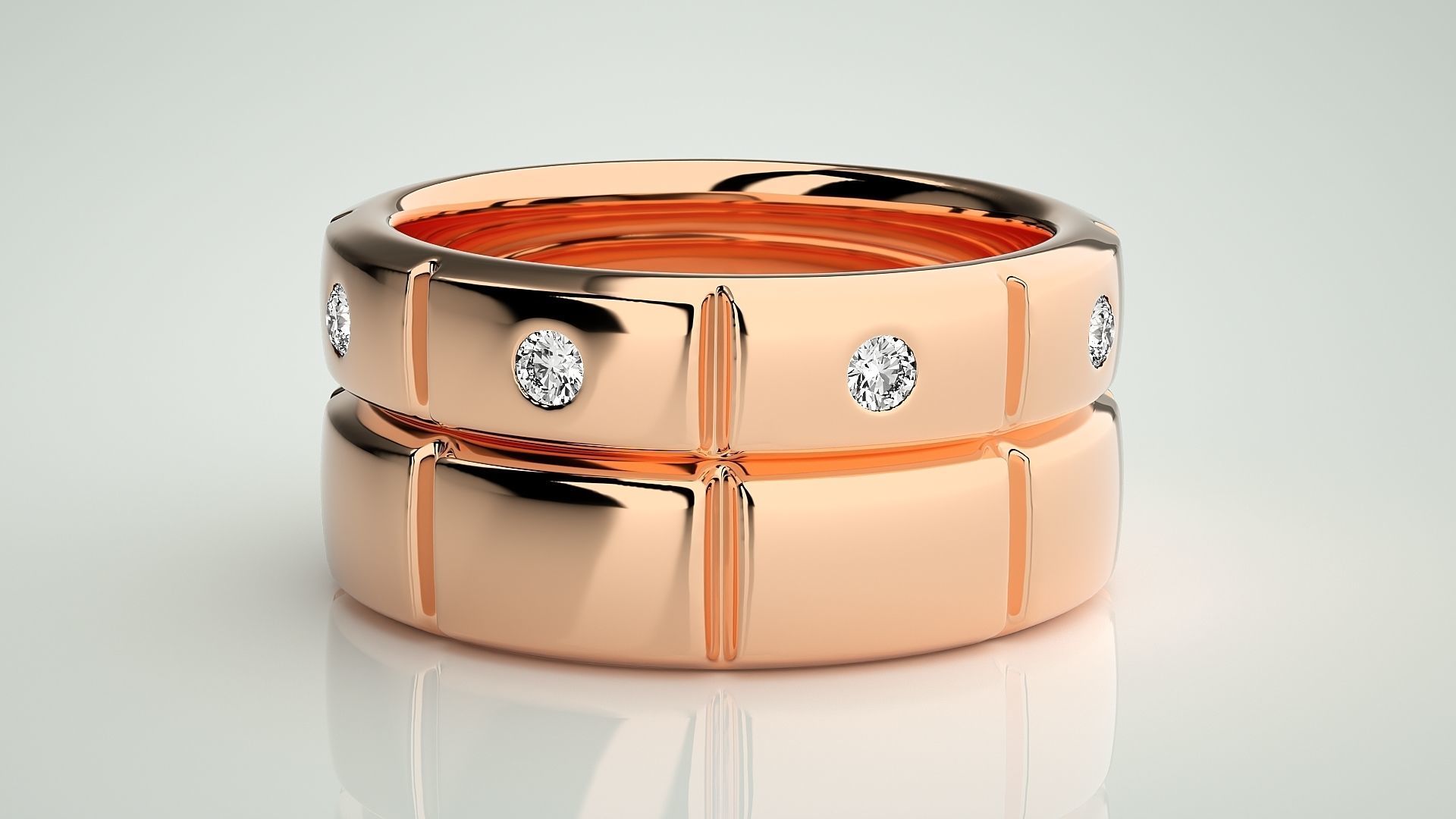 Tri-Diamond Solitaire Couple Band Ring 3dm stl render detail 3D print model_2
