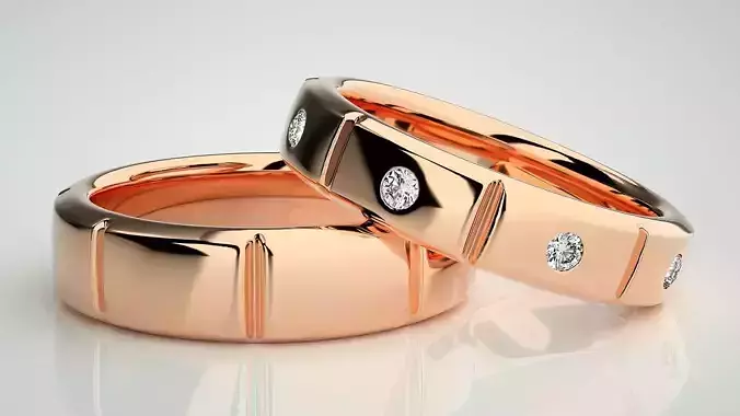 Tri-Diamond Solitaire Couple Band Ring 3dm stl render detail 3D print model