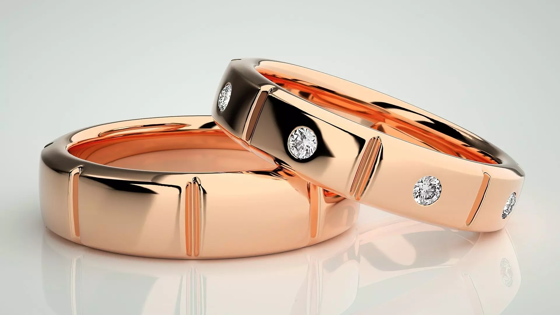 Tri-Diamond Solitaire Couple Band Ring 3dm stl render detail 3D print model_0