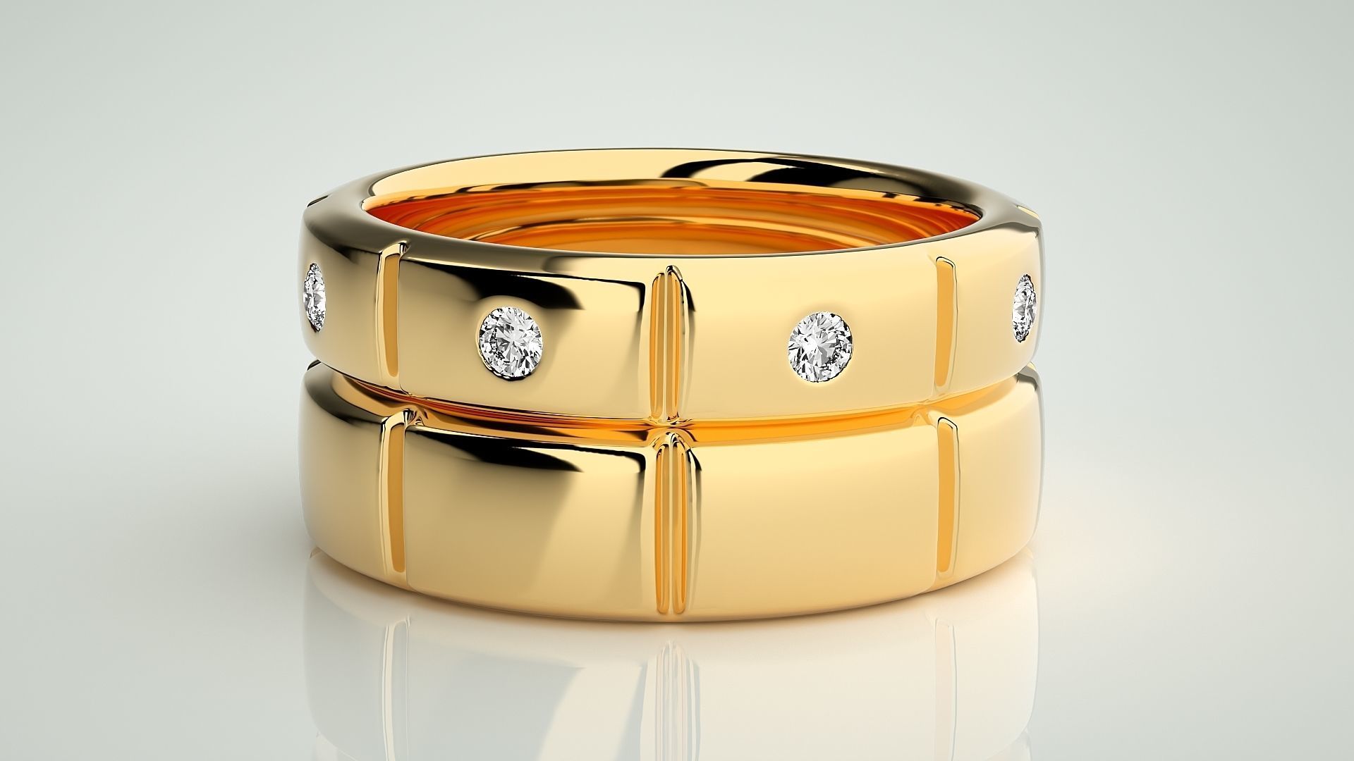 Tri-Diamond Solitaire Couple Band Ring 3dm stl render detail 3D print model_11