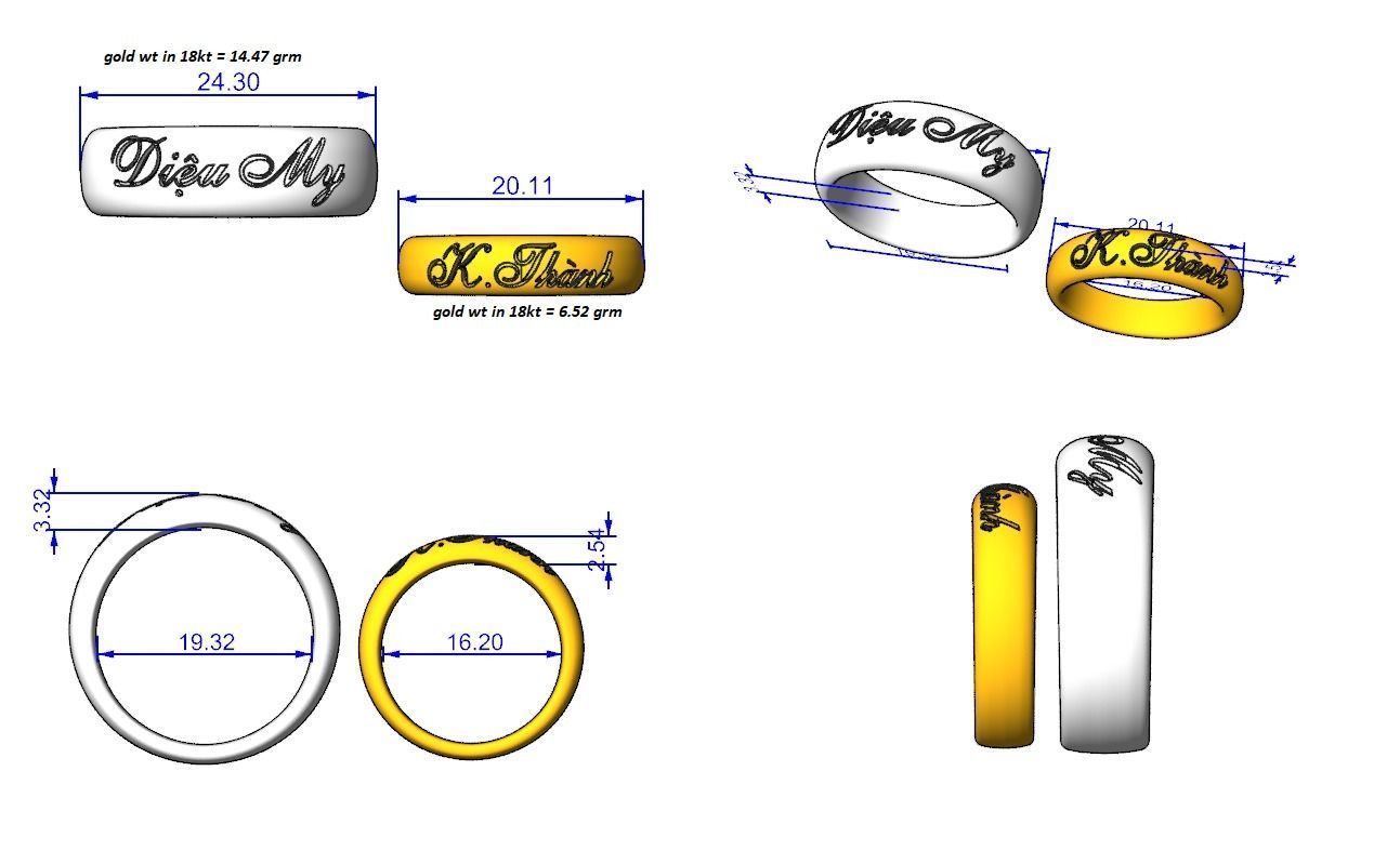 His and Her Plain Gold Couple Band Ring 3dm stl render detail 3D print model_3