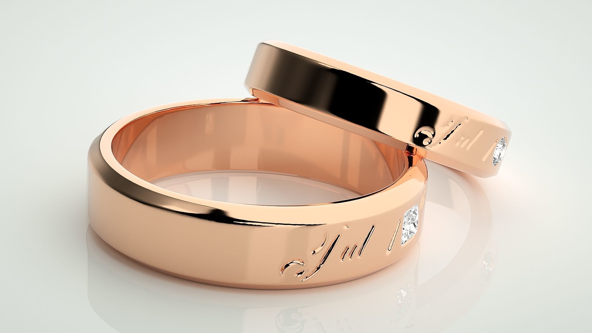 His and Her Princess Solitaire Couple Band Ring 3dm stl render 3D print model_1