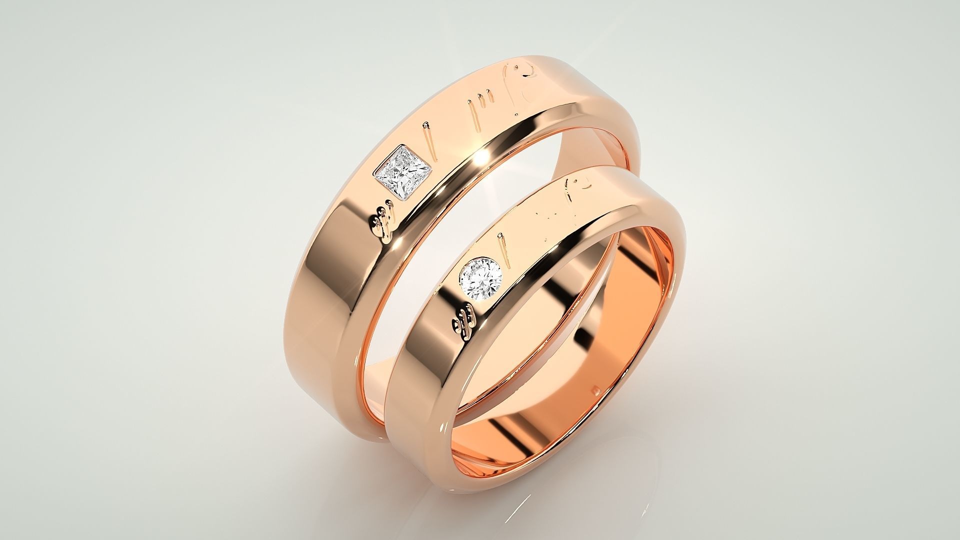 His and Her Princess Solitaire Couple Band Ring 3dm stl render 3D print model_4