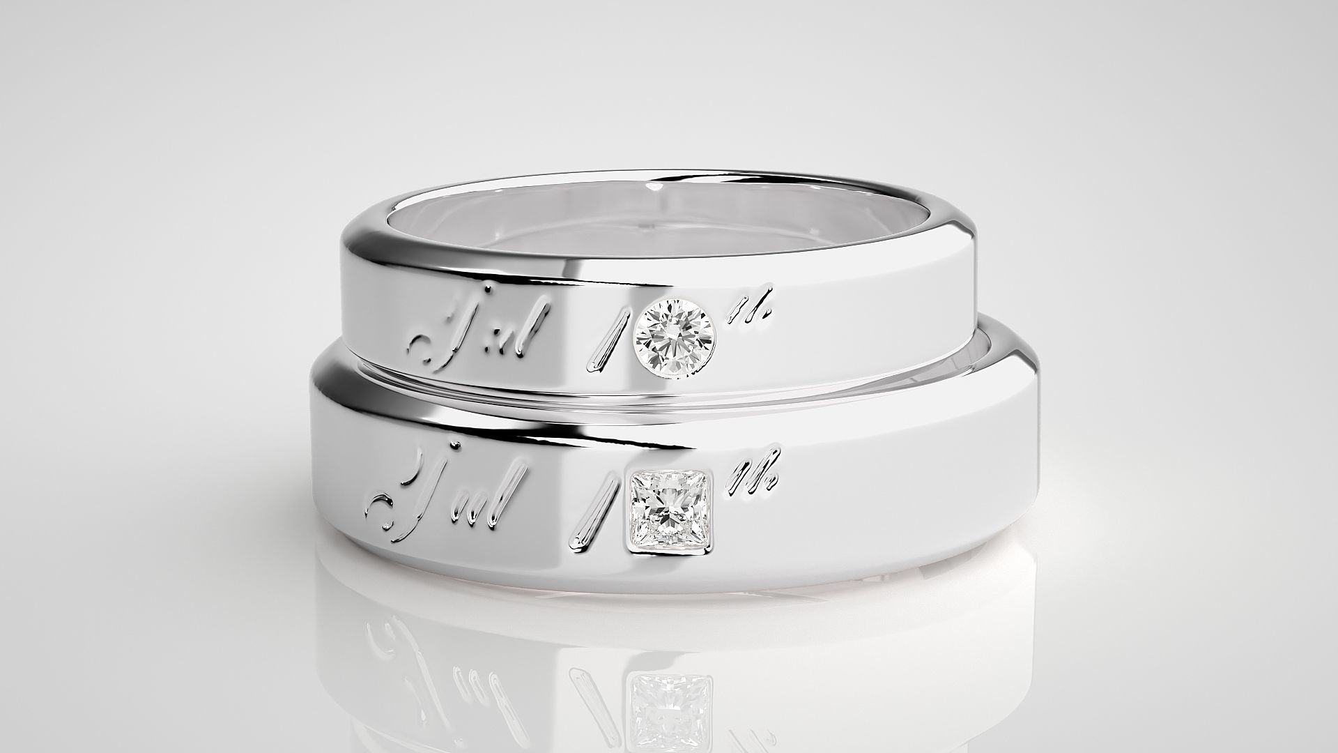 His and Her Princess Solitaire Couple Band Ring 3dm stl render 3D print model_7