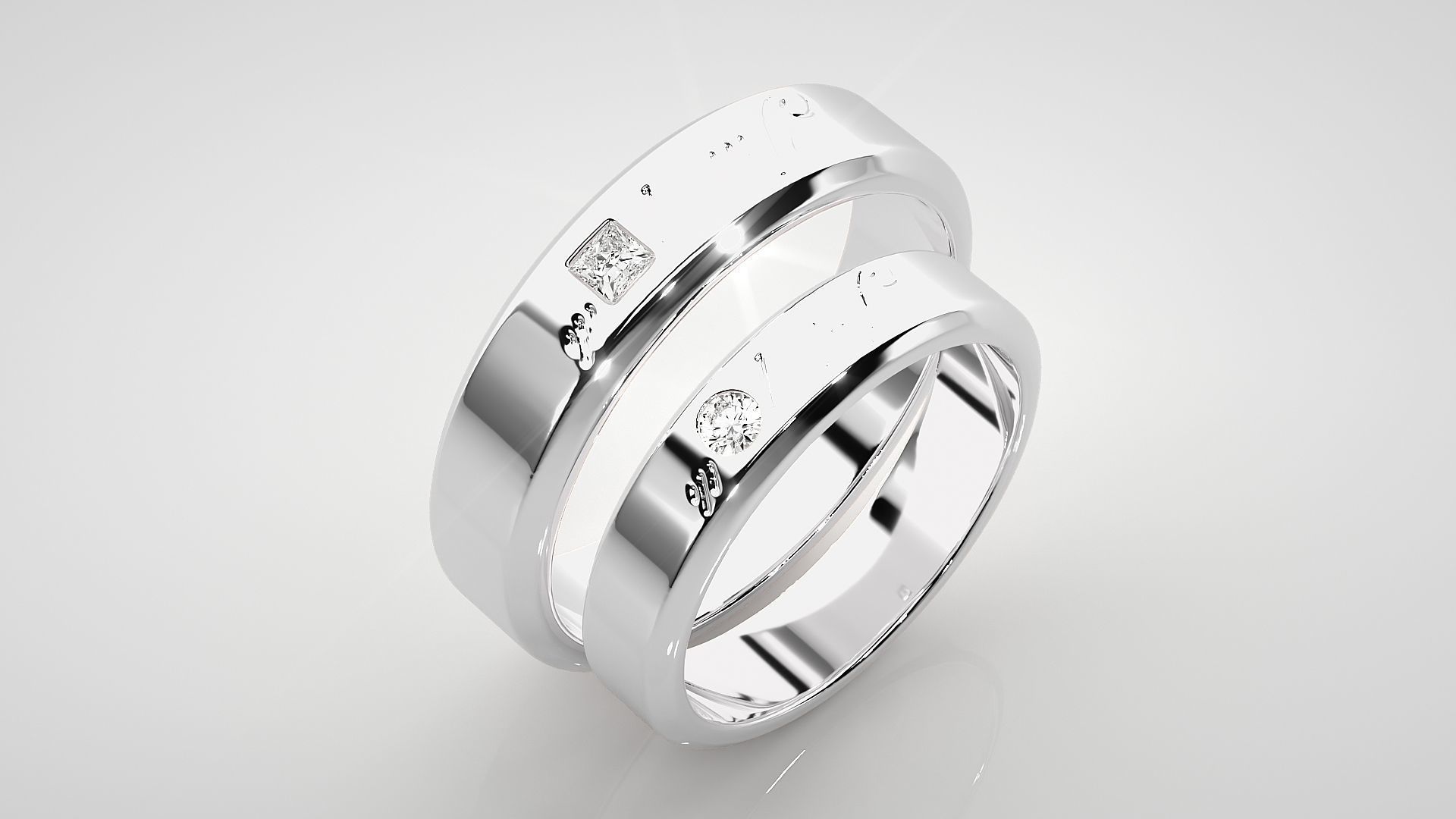 His and Her Princess Solitaire Couple Band Ring 3dm stl render 3D print model_8