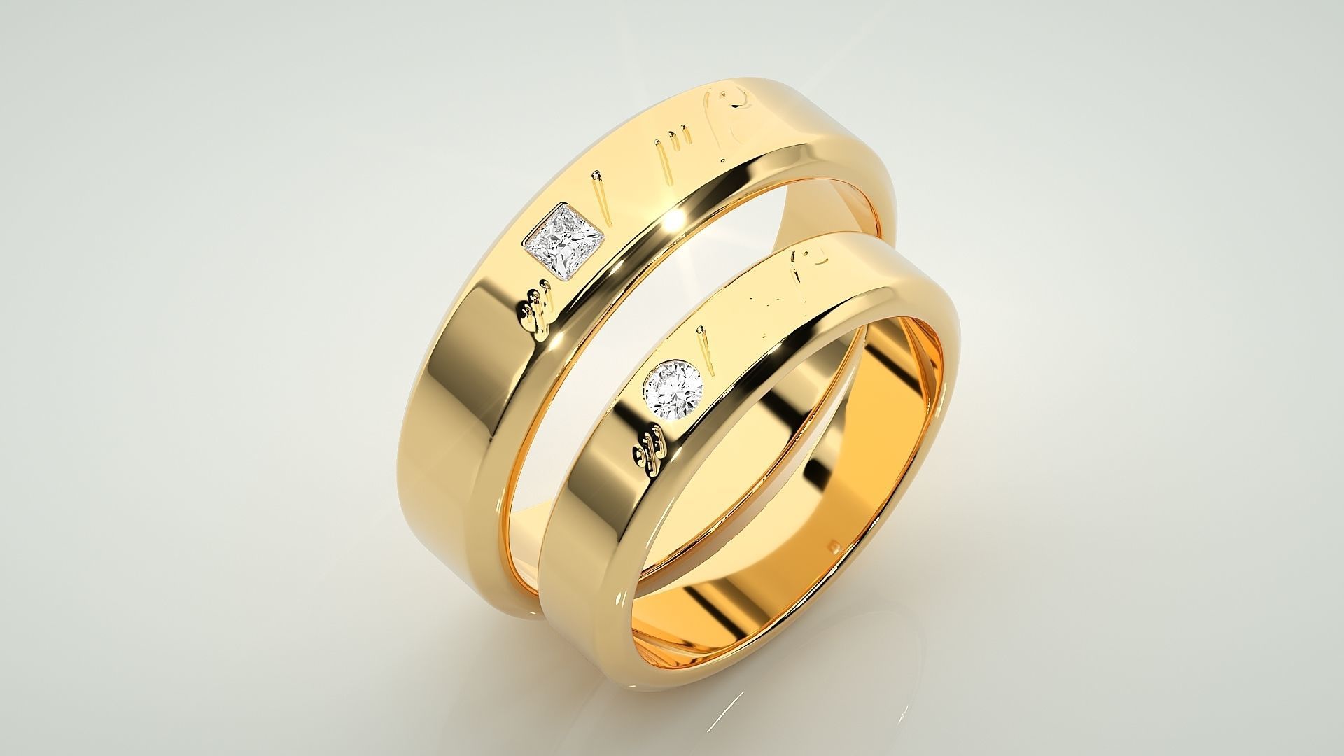 His and Her Princess Solitaire Couple Band Ring 3dm stl render 3D print model_12