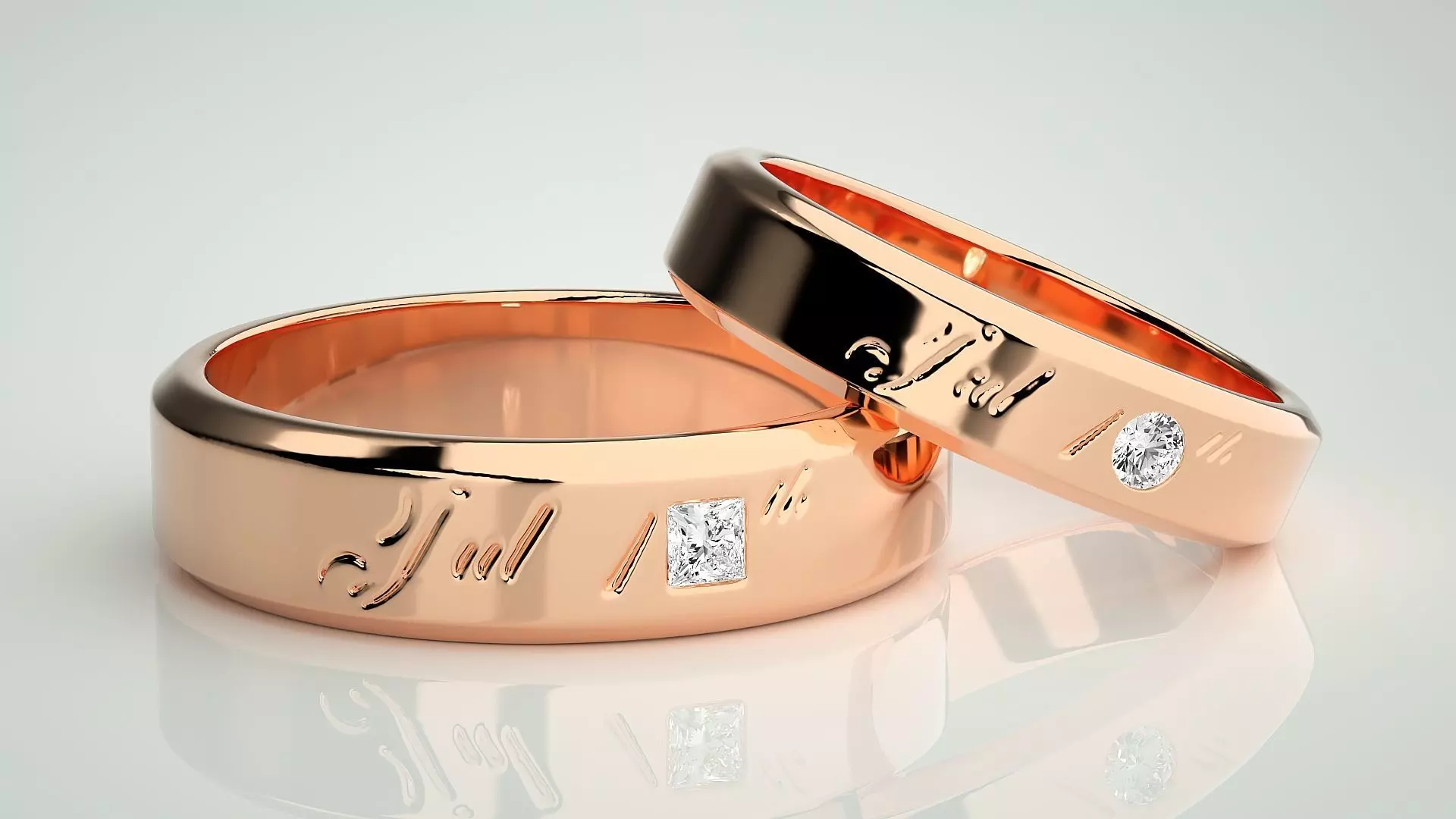 His and Her Princess Solitaire Couple Band Ring 3dm stl render 3D print model_0