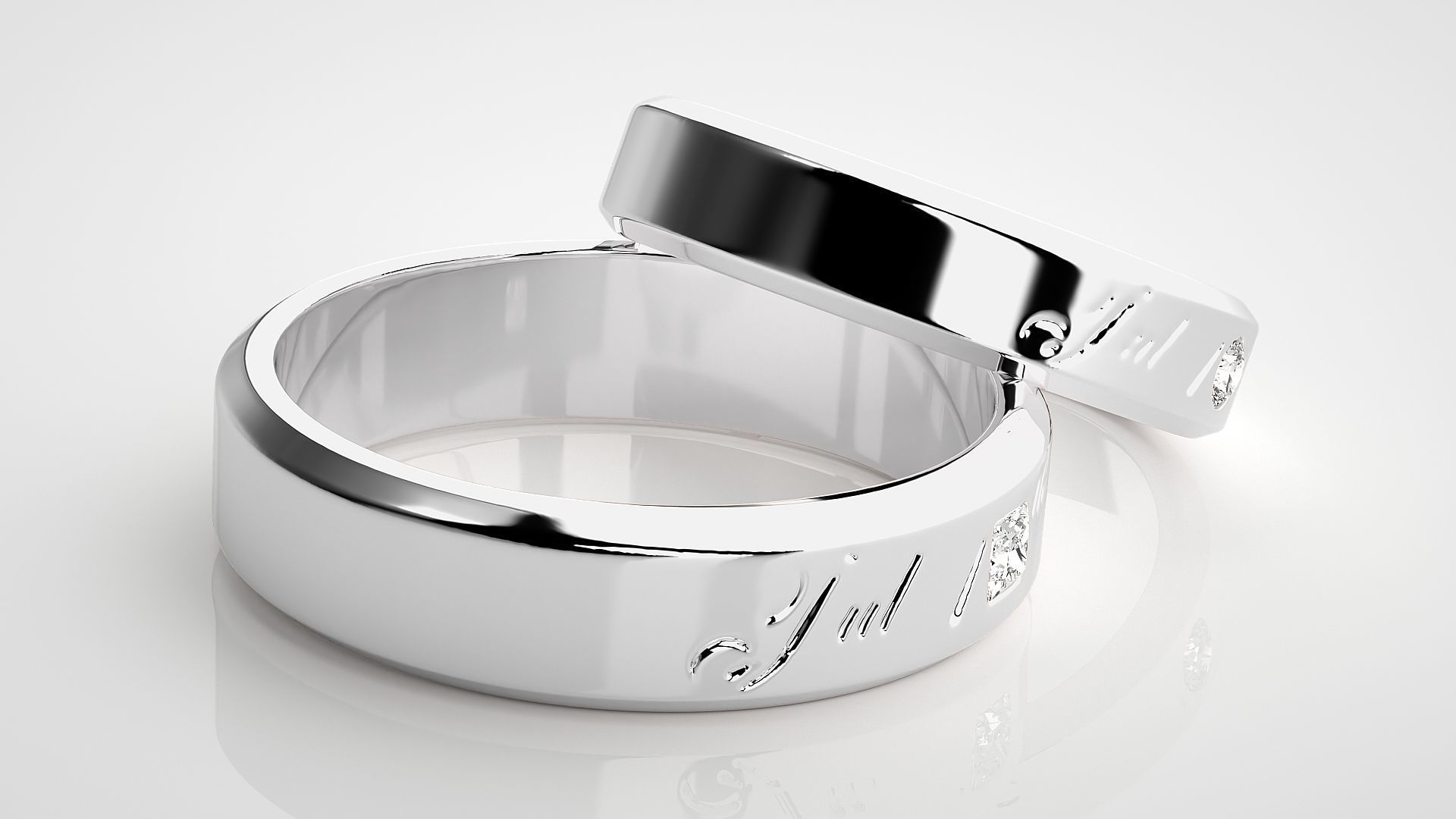 His and Her Princess Solitaire Couple Band Ring 3dm stl render 3D print model_6