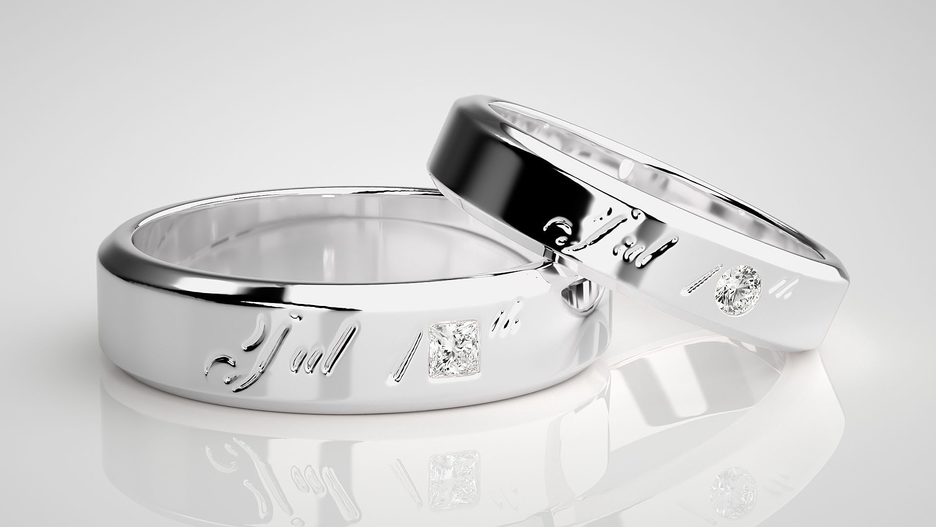 His and Her Princess Solitaire Couple Band Ring 3dm stl render 3D print model_5