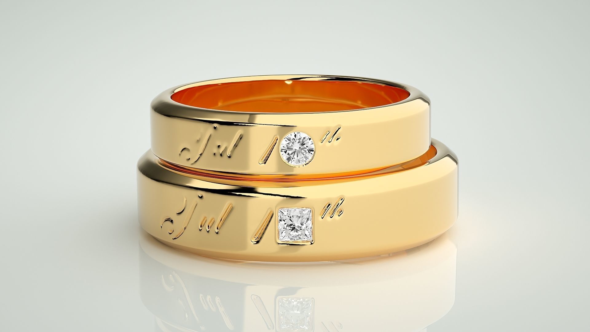 His and Her Princess Solitaire Couple Band Ring 3dm stl render 3D print model_11
