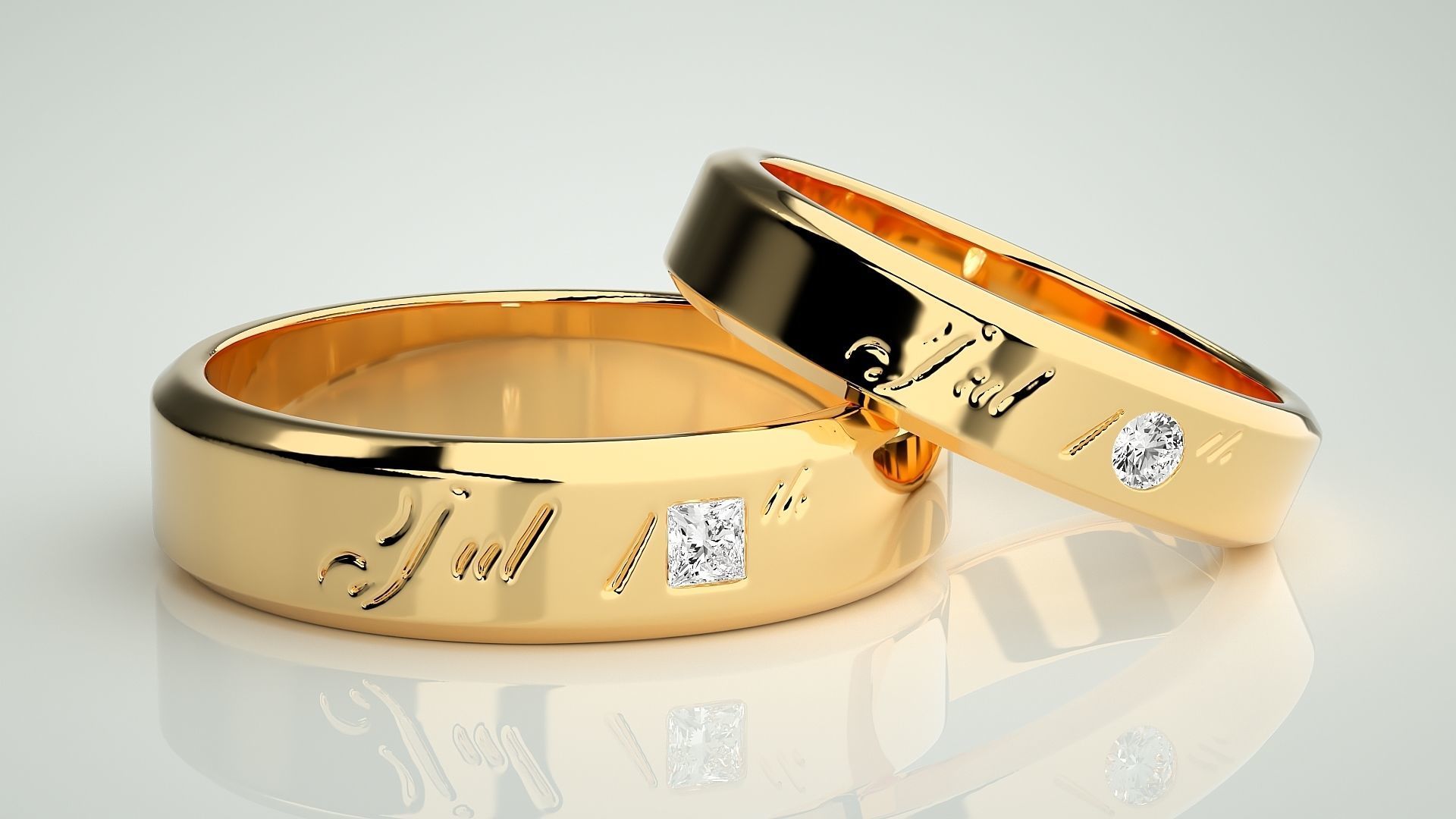 His and Her Princess Solitaire Couple Band Ring 3dm stl render 3D print model_9