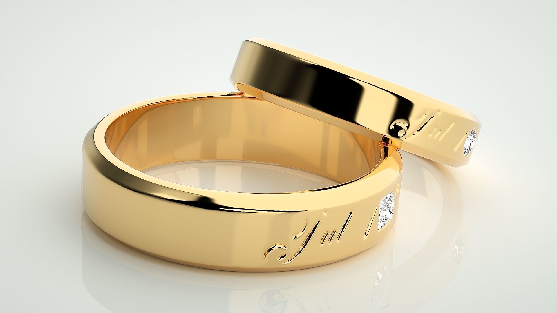 His and Her Princess Solitaire Couple Band Ring 3dm stl render 3D print model_10