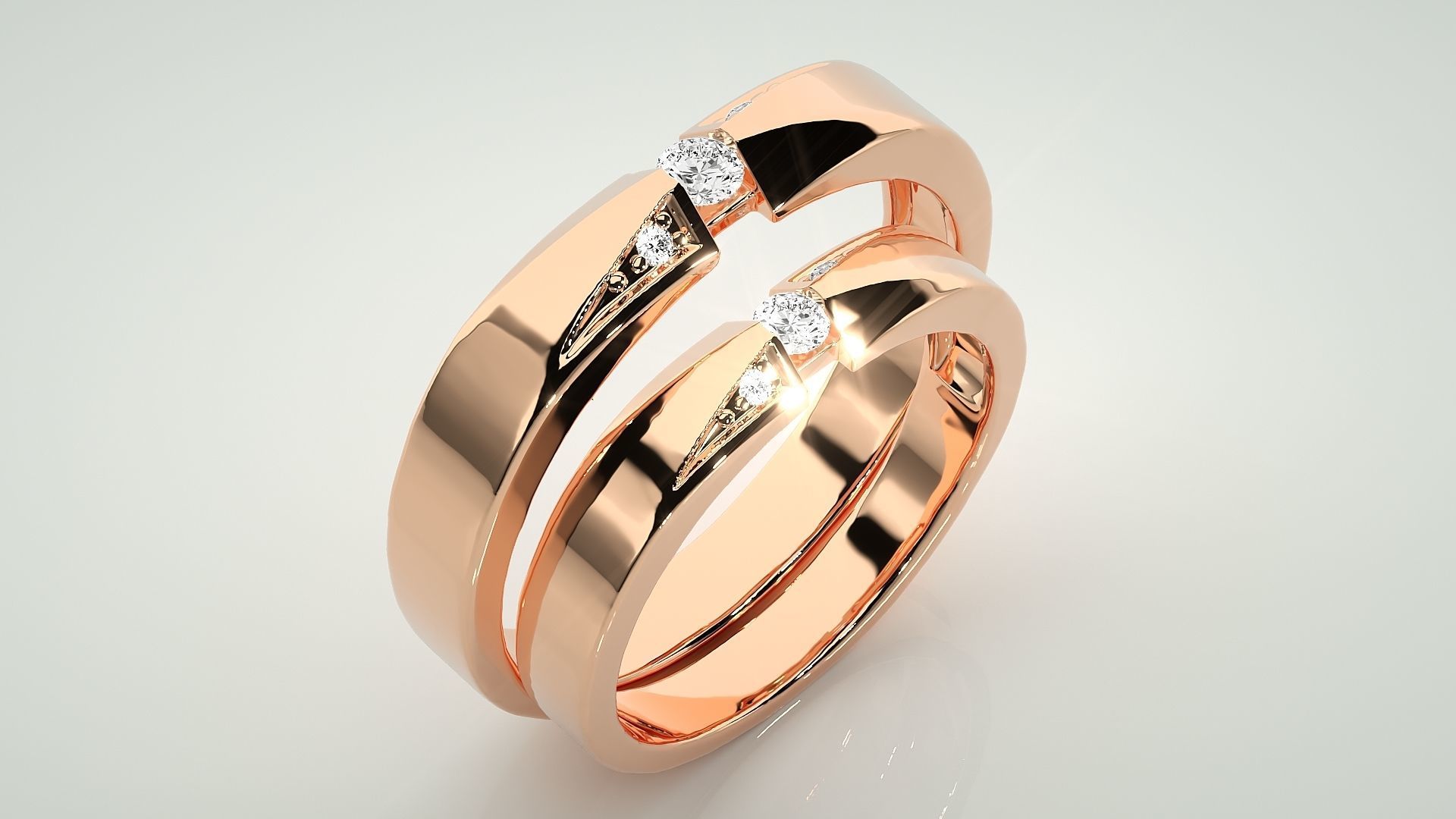 Tri-Diamond Couple Band Ring 3dm stl render detail  3D print model_3