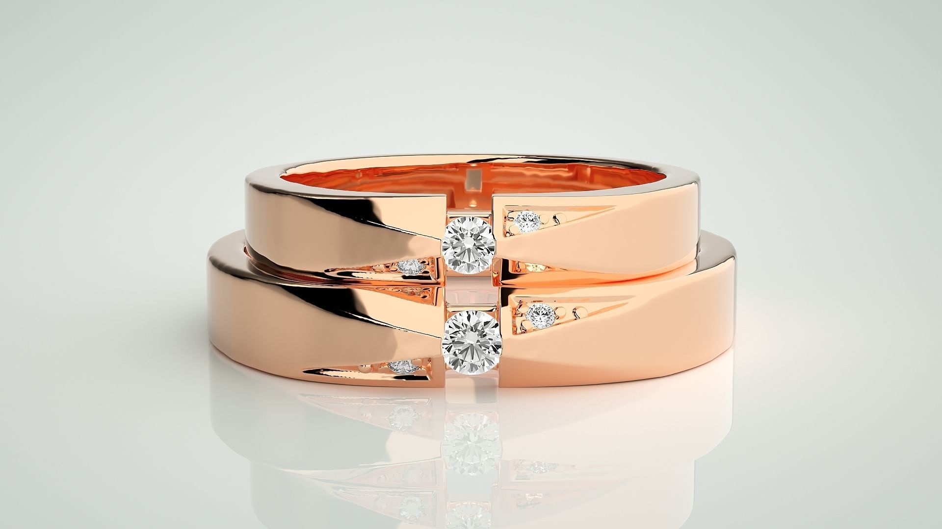 Tri-Diamond Couple Band Ring 3dm stl render detail  3D print model_2