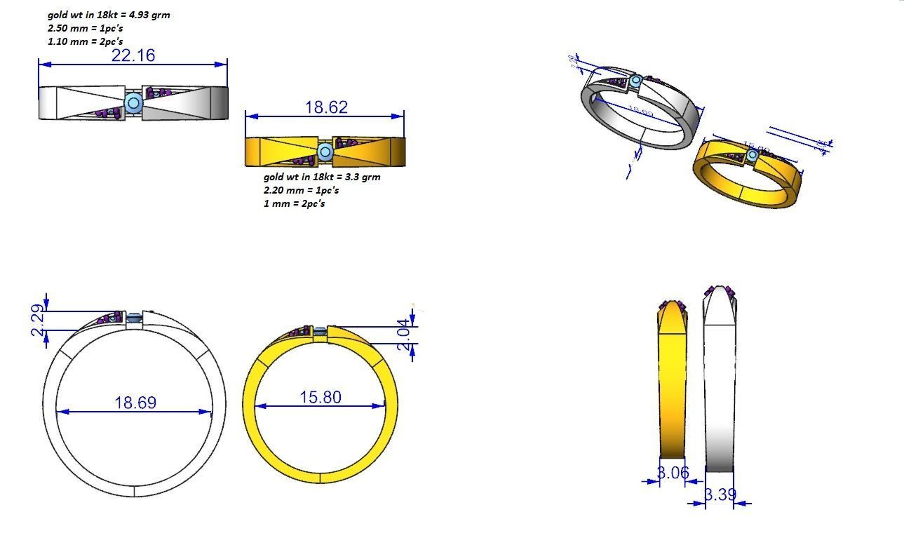Tri-Diamond Couple Band Ring 3dm stl render detail  3D print model_6