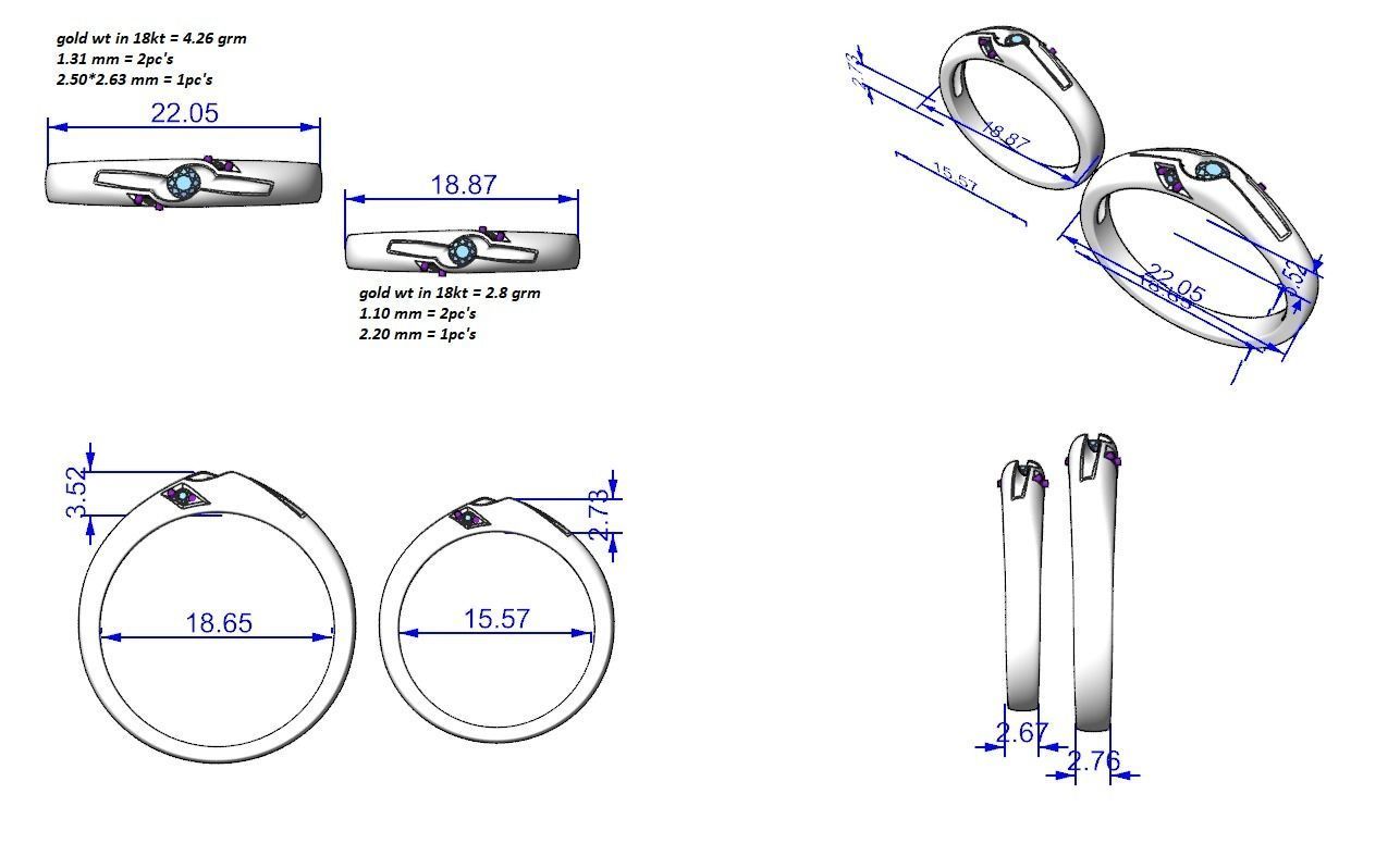 Tri-Diamond Couple Band Ring 3dm stl render detail  3D print model_3
