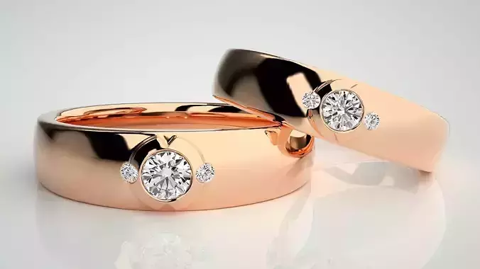 Solitaire Couple Band Ring 3dm stl render detail 