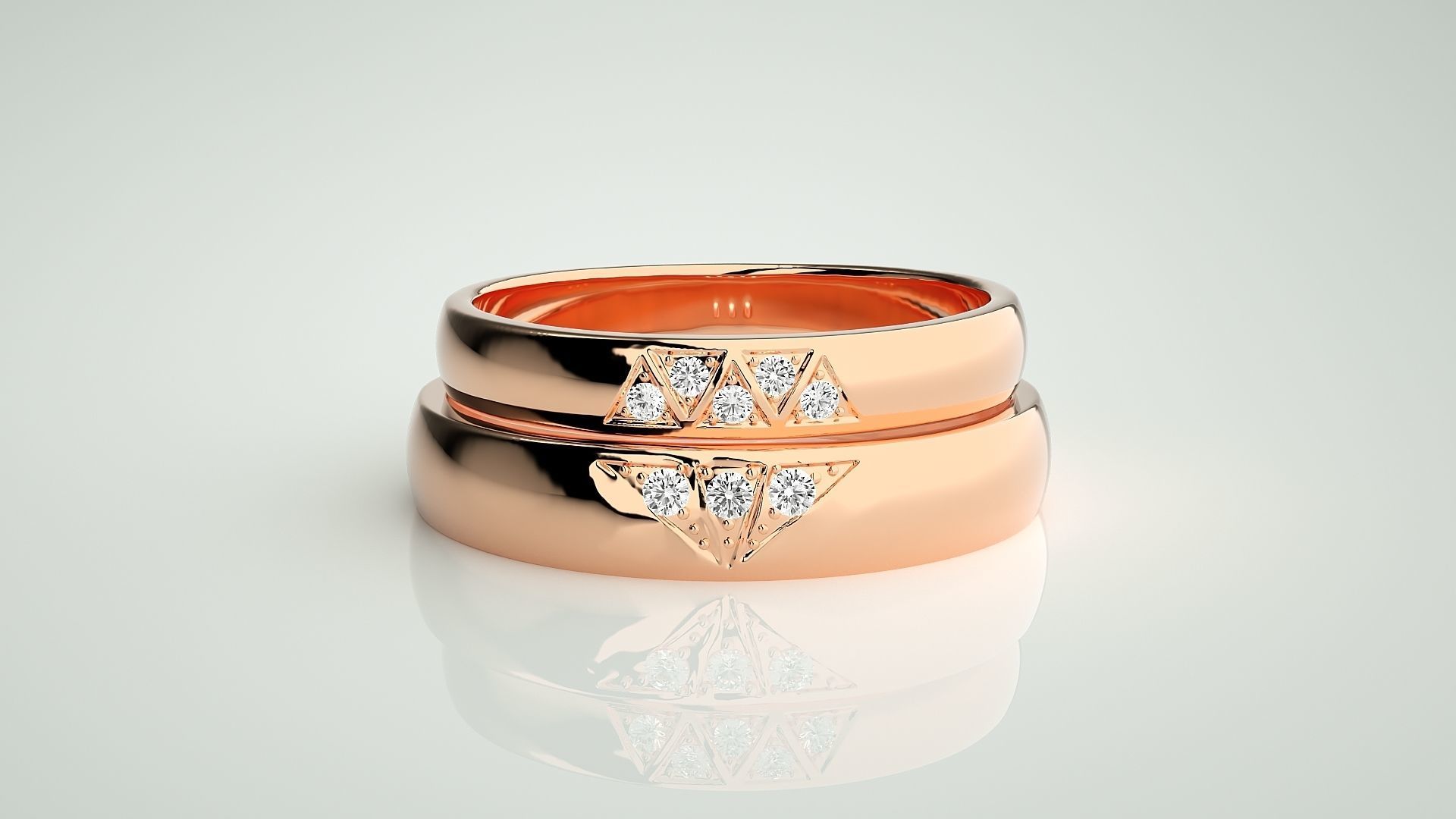 Tri-Diamond Couple Band Ring 3dm stl render detail  3D print model_2