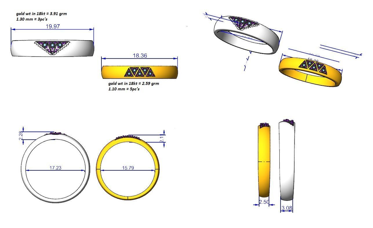 Tri-Diamond Couple Band Ring 3dm stl render detail  3D print model_4