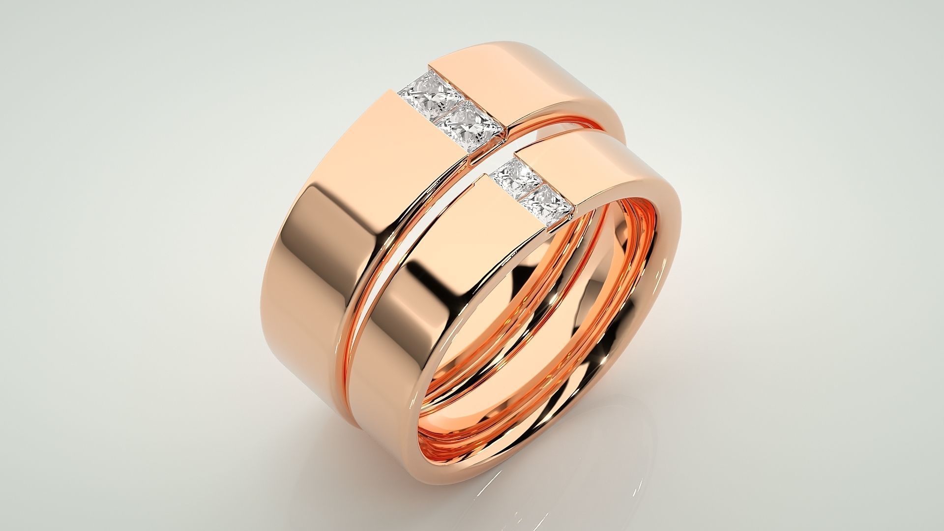 Bi-diamond Couple Band Ring 3dm stl render detail  3D print model_3