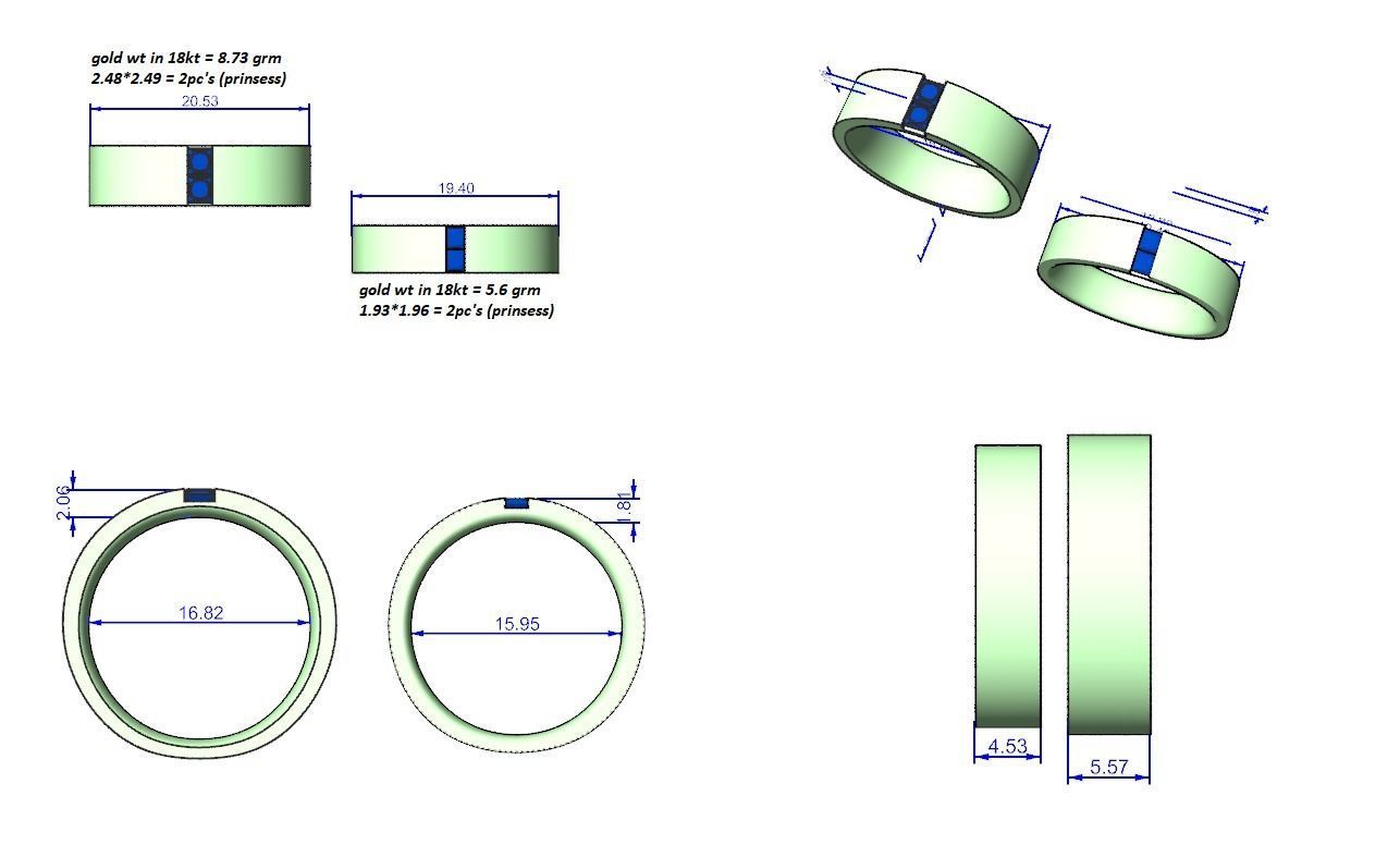 Bi-diamond Couple Band Ring 3dm stl render detail  3D print model_12