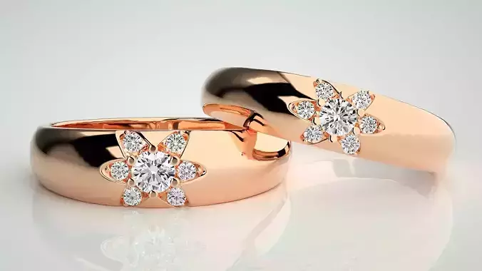 Flower Theme Couple Band Ring 3dm stl render detail  3D print model