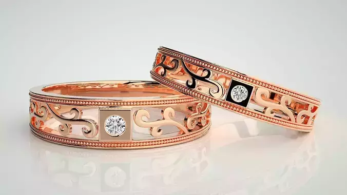 Solitaire Couple Band Ring 3dm stl render detail 