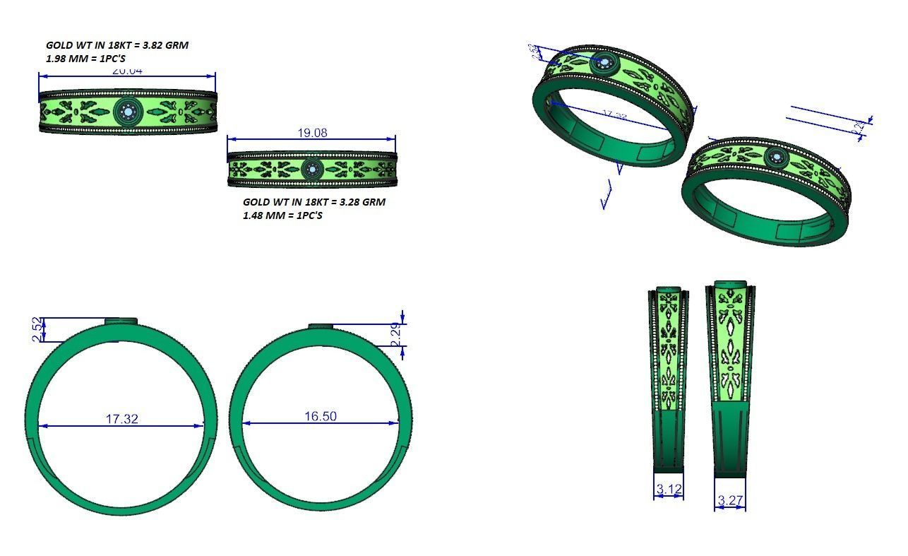 Mesh net Solitaire Couple Band Ring 3dm stl render detail  3D print model_12