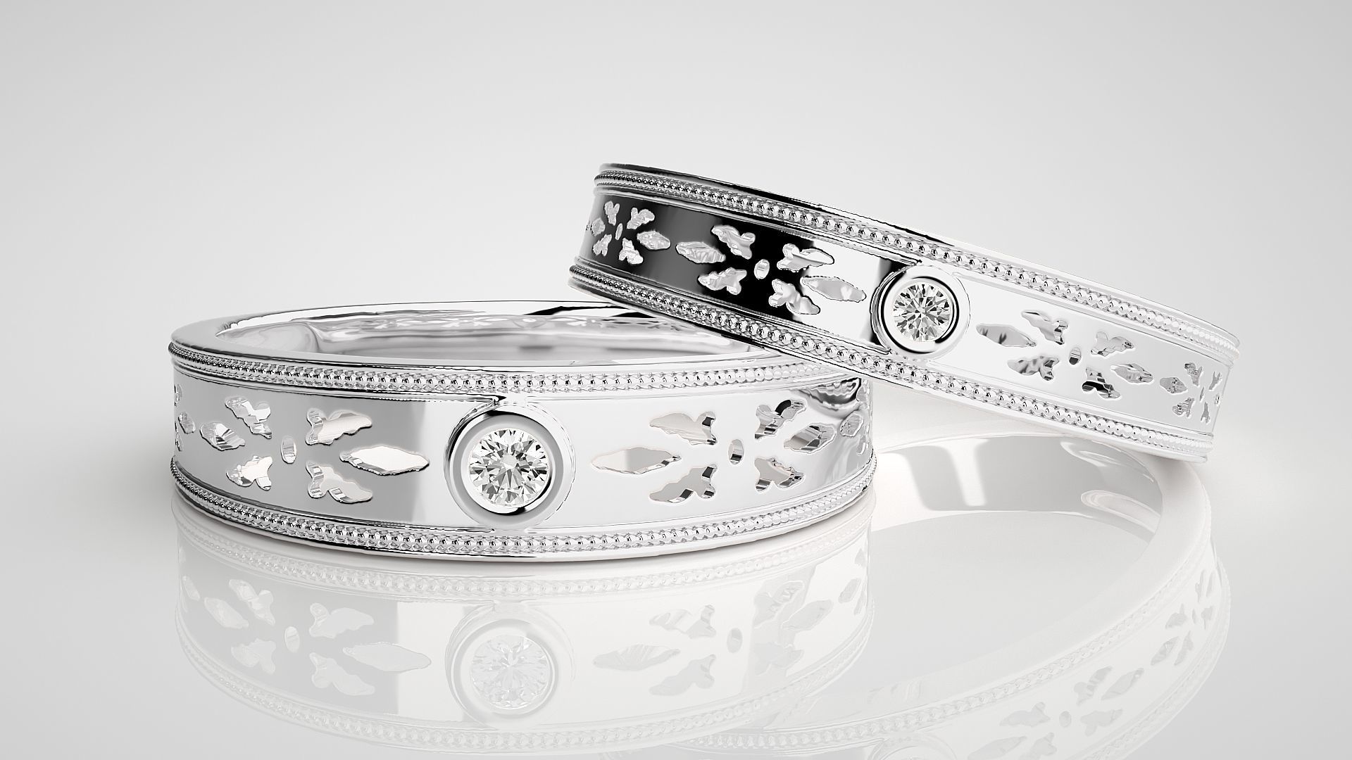 Mesh net Solitaire Couple Band Ring 3dm stl render detail  3D print model_4