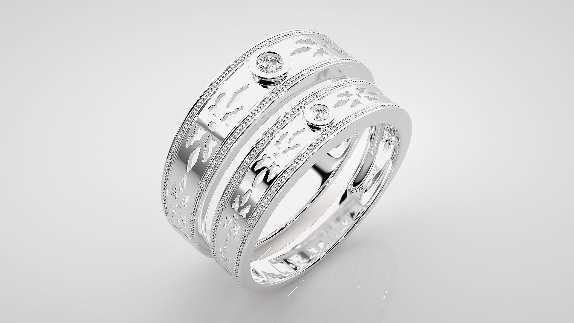 Mesh net Solitaire Couple Band Ring 3dm stl render detail  3D print model_7