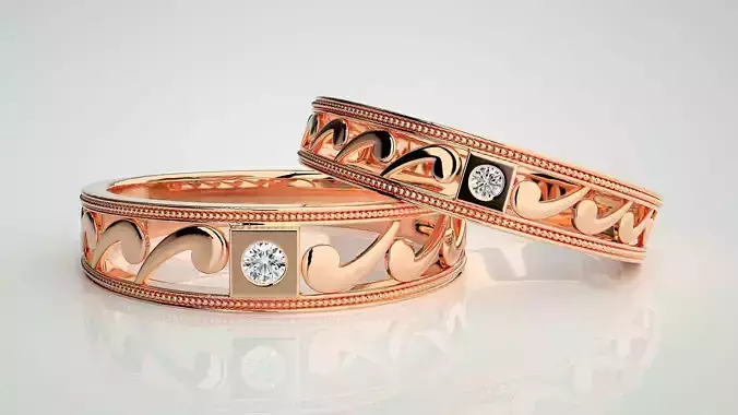 Solitaire Couple Band Ring 3dm stl render detail 