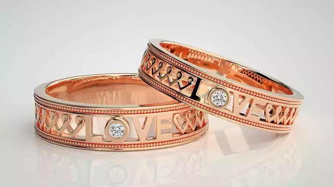 Solitaire Couple Band Ring 3dm stl render detail 