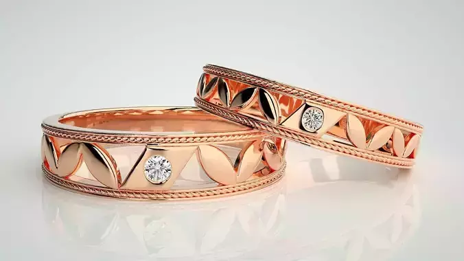 Leaf Solitaire Couple Band Ring 3dm stl render detail 