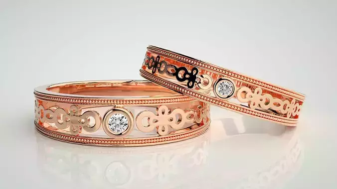 Solitaire Couple Band Ring 3dm stl render detail 