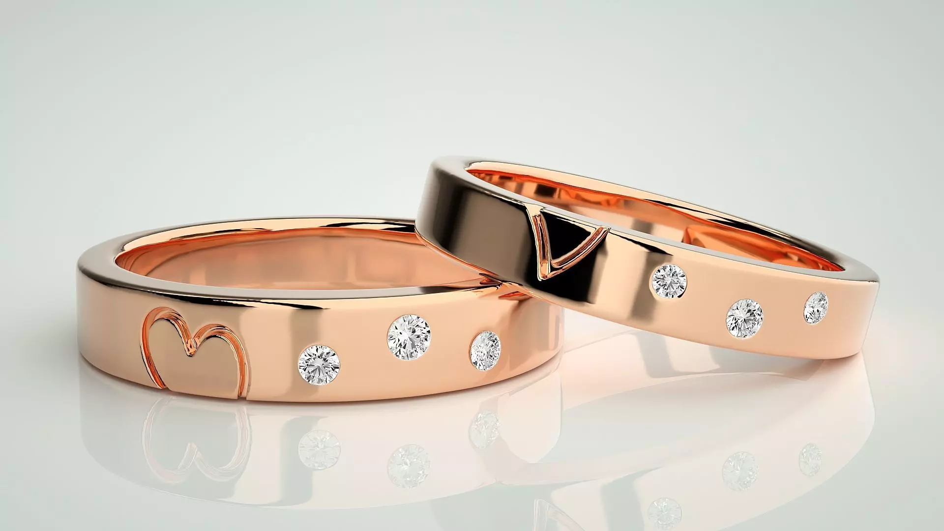 Heart Love Valentine Tri-Diamond Couple Band Ring 3dm stl render 3D print model_0