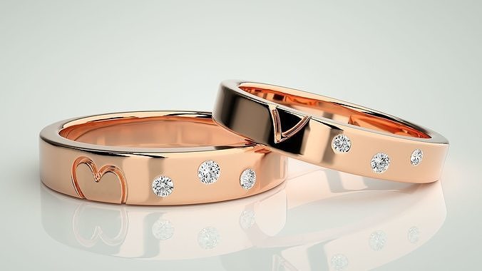 Heart Love Valentine Tri-Diamond Couple Band Ring 3dm stl render 3D print model