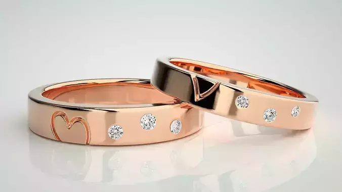 Heart Love Valentine Tri-Diamond Couple Band Ring 3dm stl render 3D print model