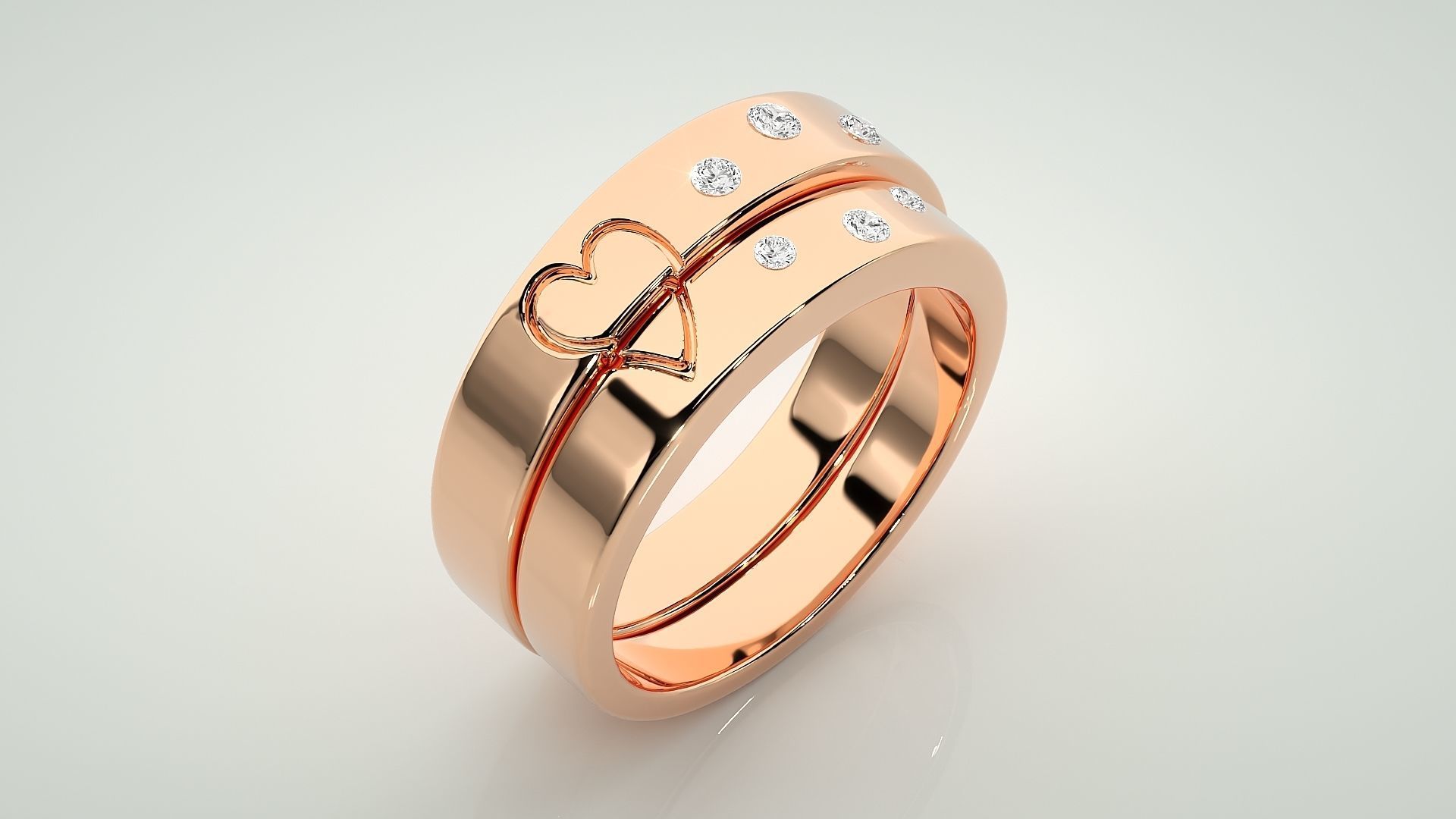 Heart Love Valentine Tri-Diamond Couple Band Ring 3dm stl render 3D print model_3