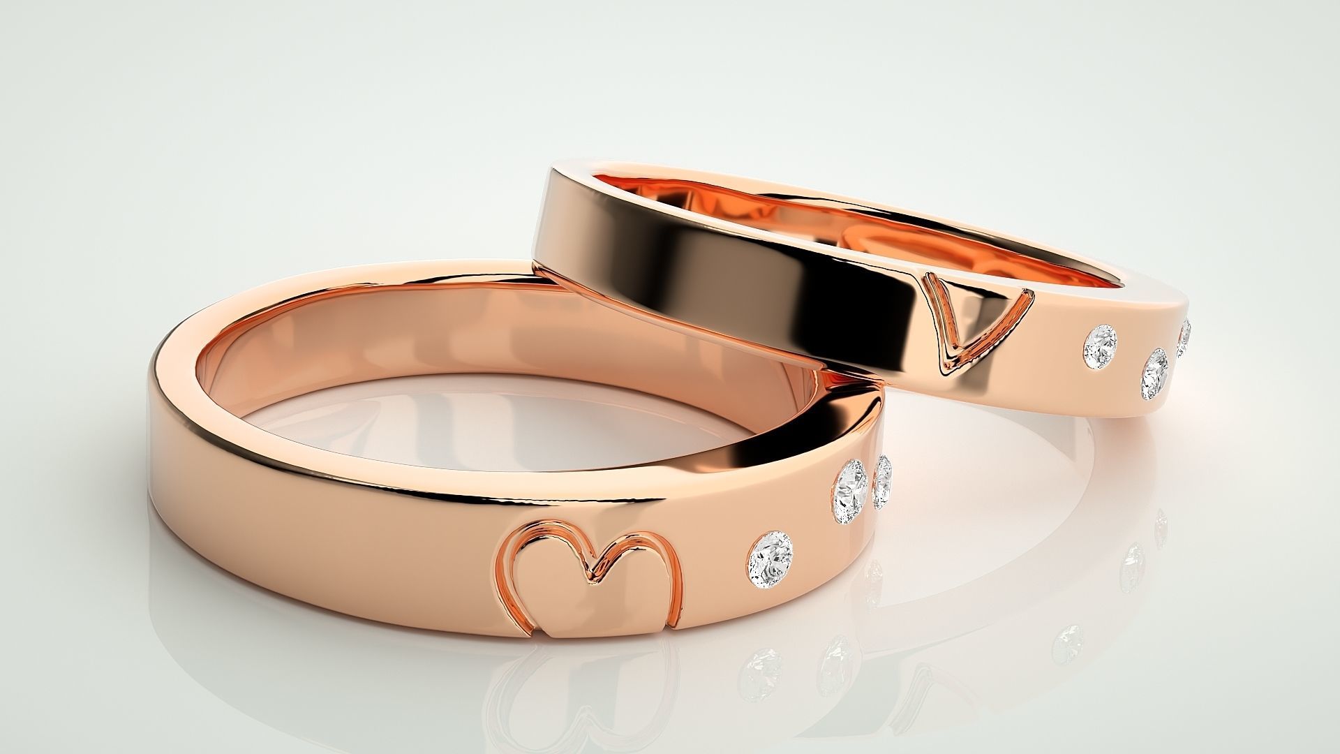 Heart Love Valentine Tri-Diamond Couple Band Ring 3dm stl render 3D print model_1