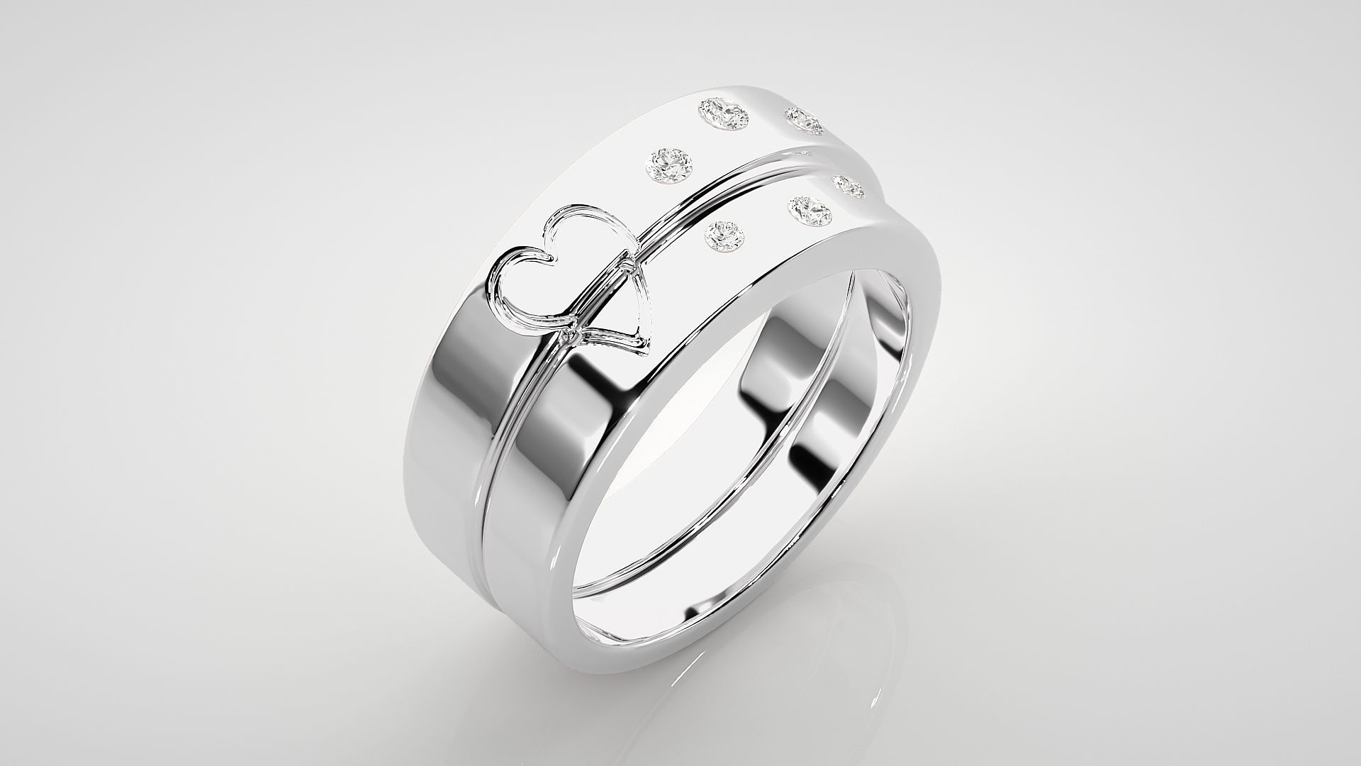 Heart Love Valentine Tri-Diamond Couple Band Ring 3dm stl render 3D print model_7