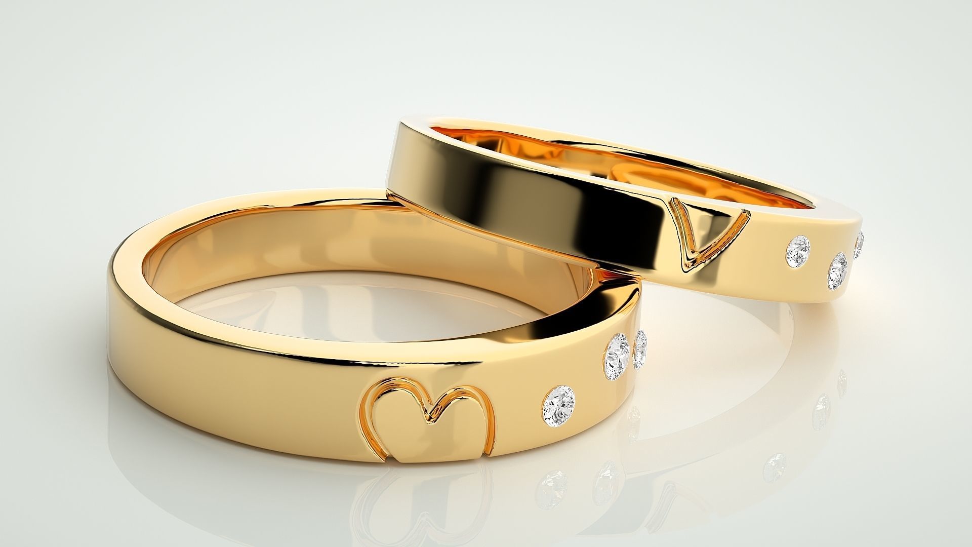 Heart Love Valentine Tri-Diamond Couple Band Ring 3dm stl render 3D print model_9