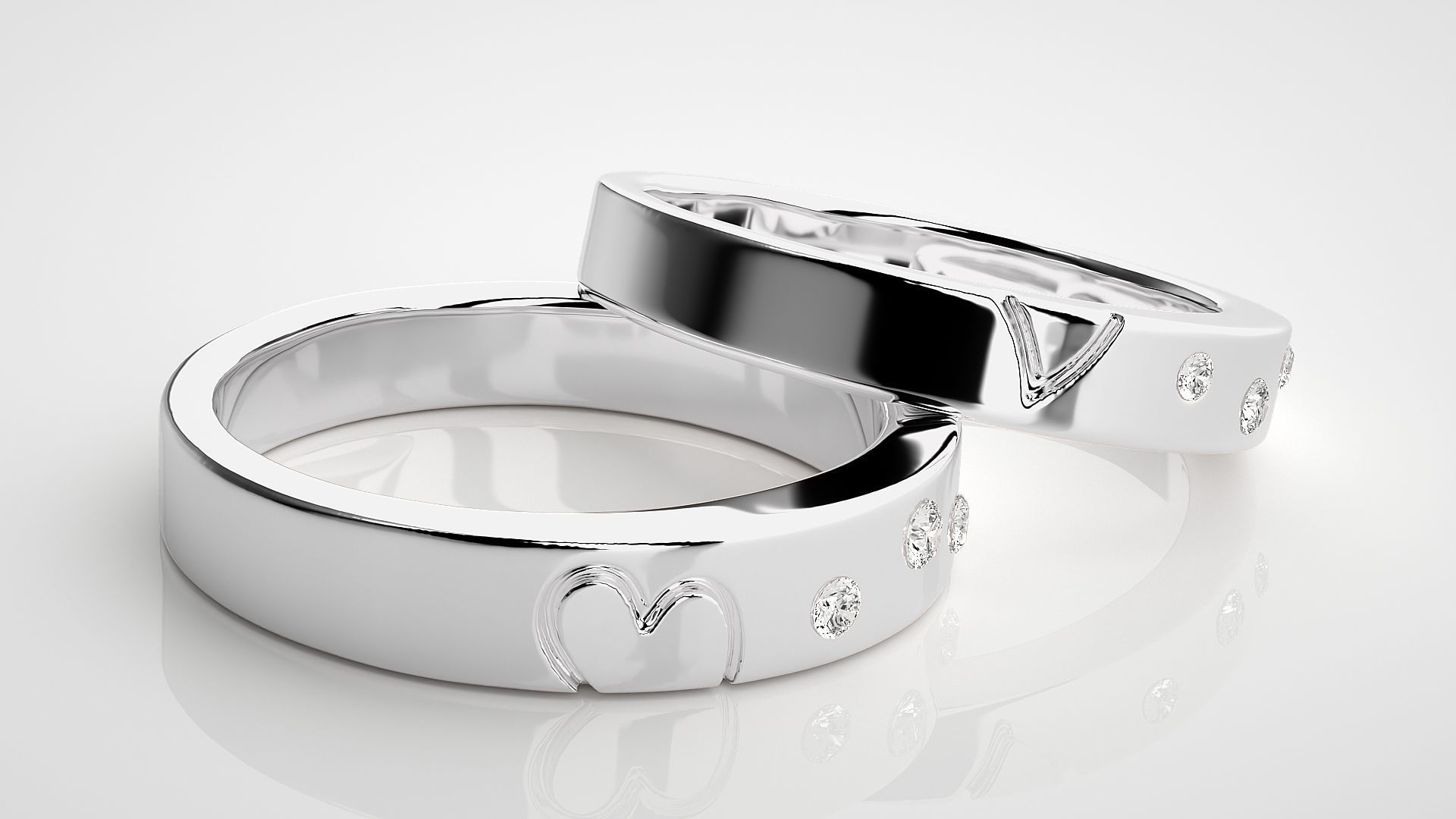 Heart Love Valentine Tri-Diamond Couple Band Ring 3dm stl render 3D print model_5